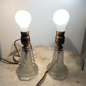 Set Of 2 Vintage Bedside Lamps Clear Glass Art Deco Hob Nail Bubble Starburst